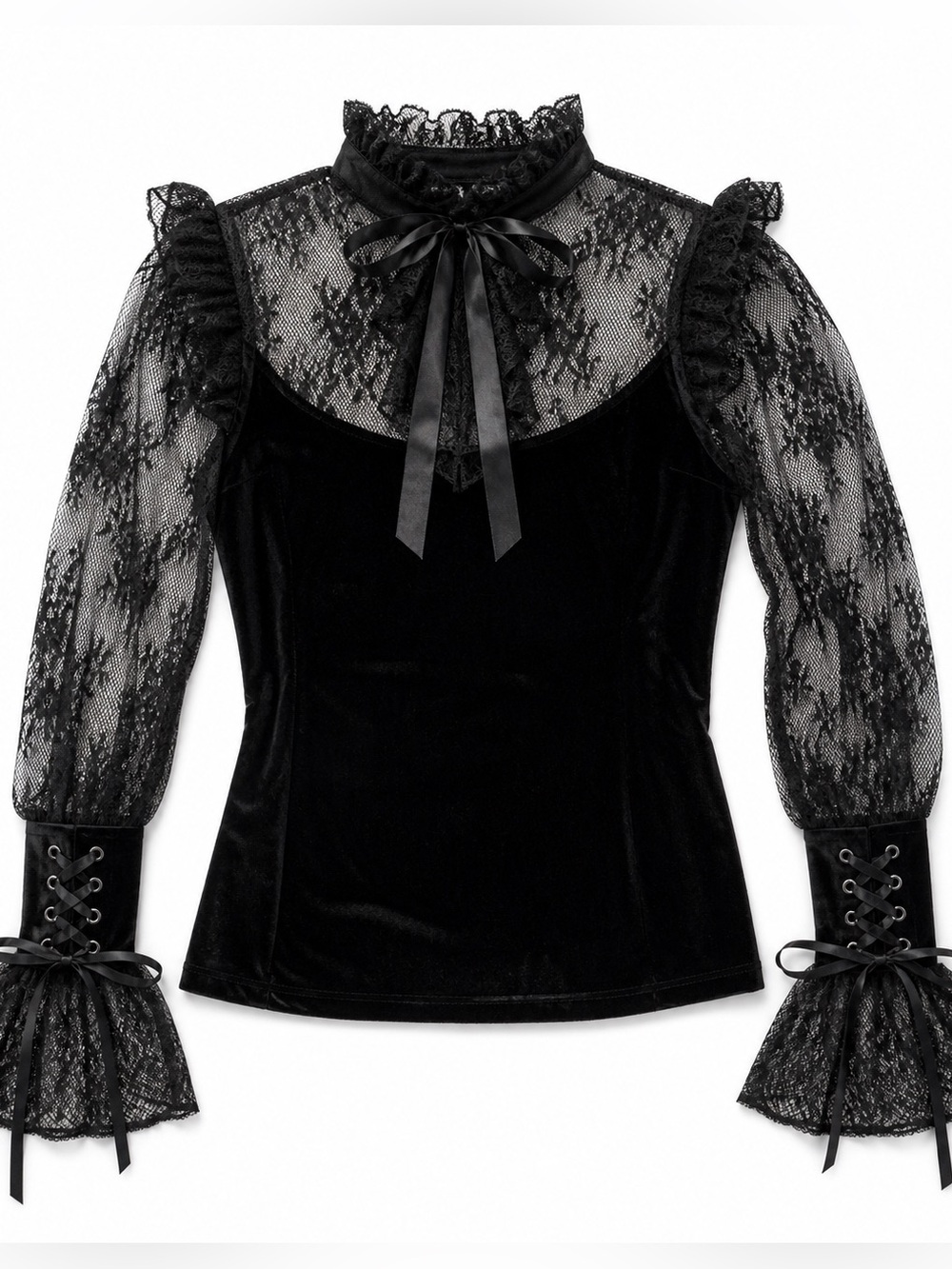 Sexy Killstar Victorian Gothic Lace Velvet Jabot Bow Blouse